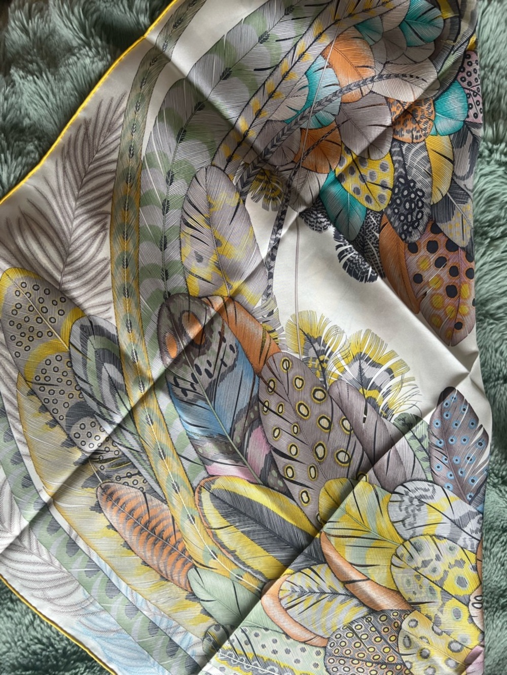 Hermes Plumes en Fete 90cm Silk Feather Print Scarf in Pastel Yellow, Blue, Pink - Picture 11 of 15